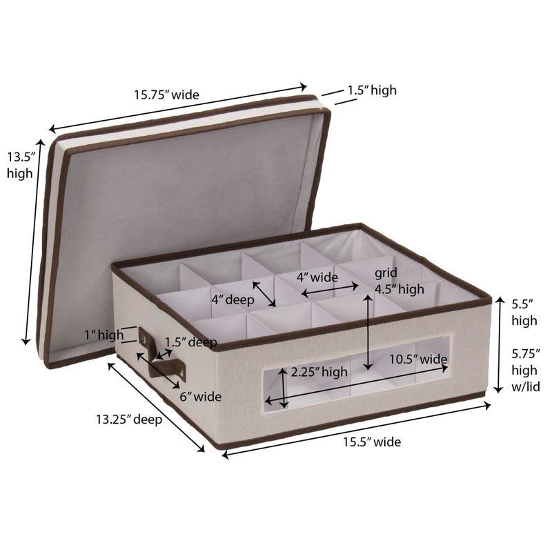 Household Essentials 538 Vision China Storage Box for Tea Cups and Mugs with Lid and Handles | Natural Canvas with Brown Trim - Image 2